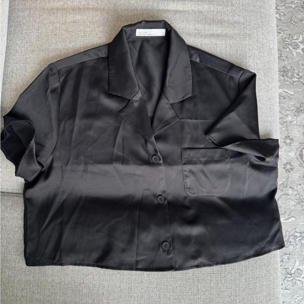 Black Satin Button-Up crop Shirt- Oak and Fort